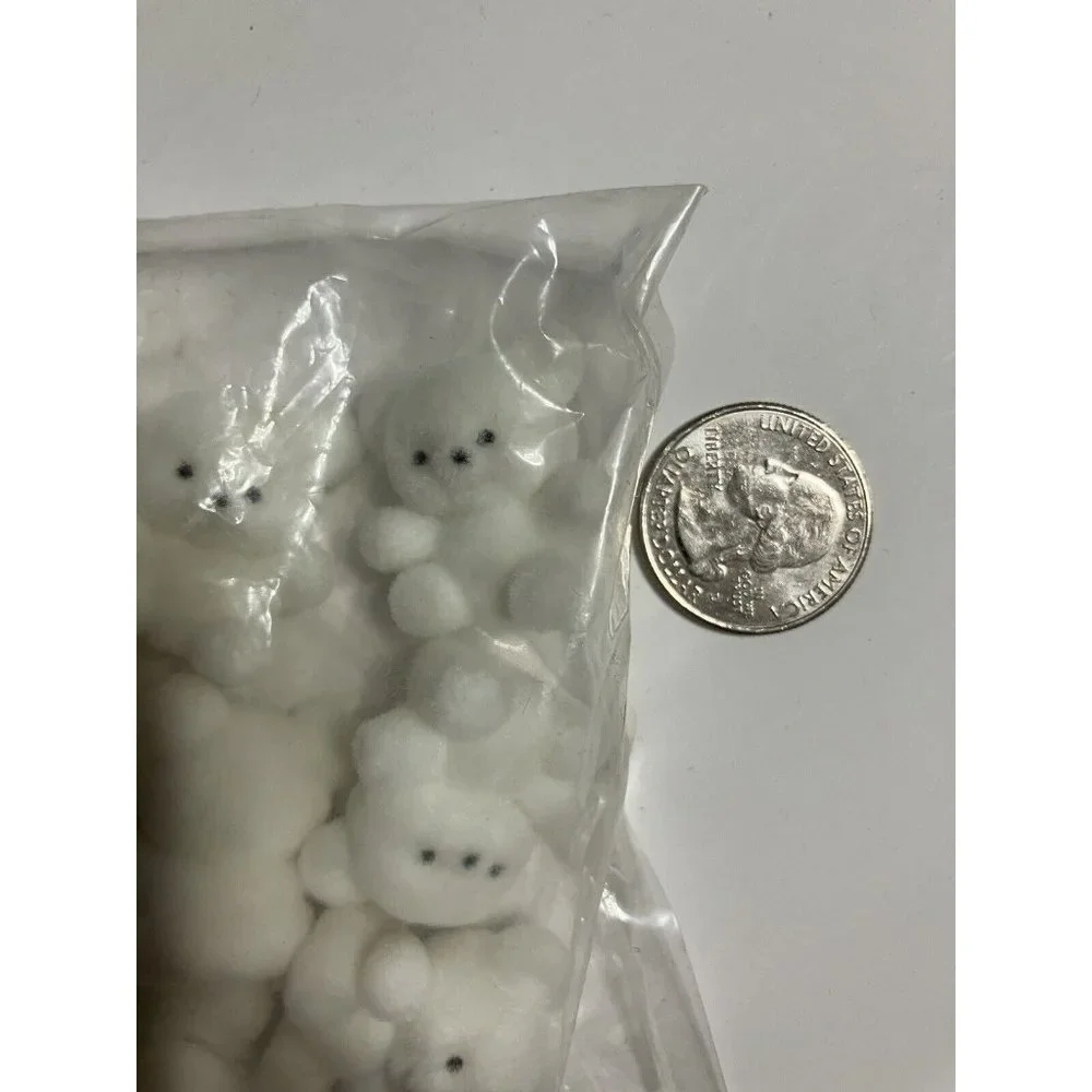 Vintage Set of 12 White Tiny Teddy Bears Flocked Plastic